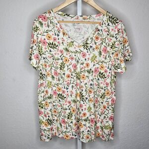 J. Jill Womens XL‎ Floral 100% Pima Cotton V Neck Short Sleeve Tee Shirt